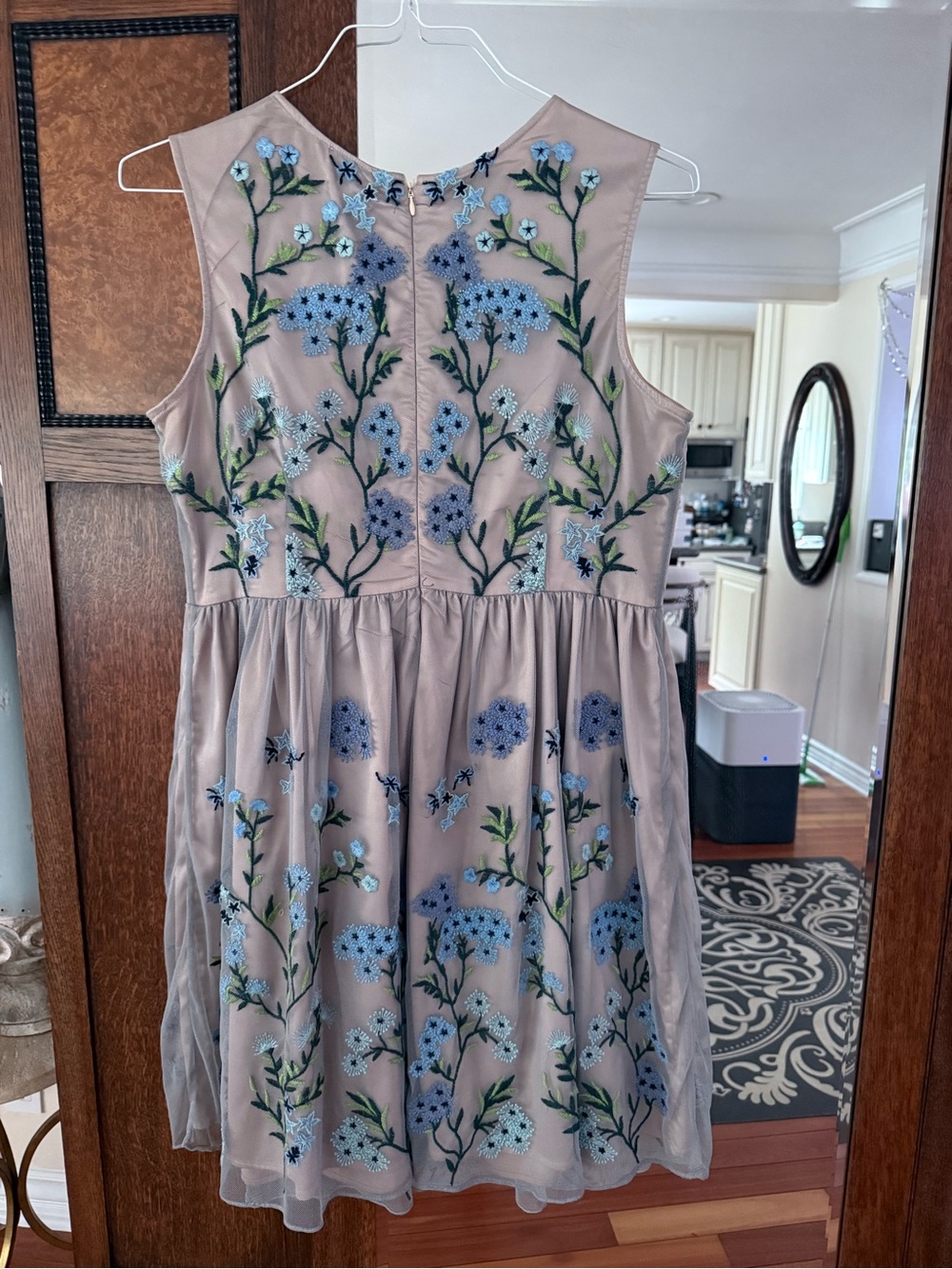 Women’s Embroidered Floral Tulle Dress in Taupe with Blue Flowers